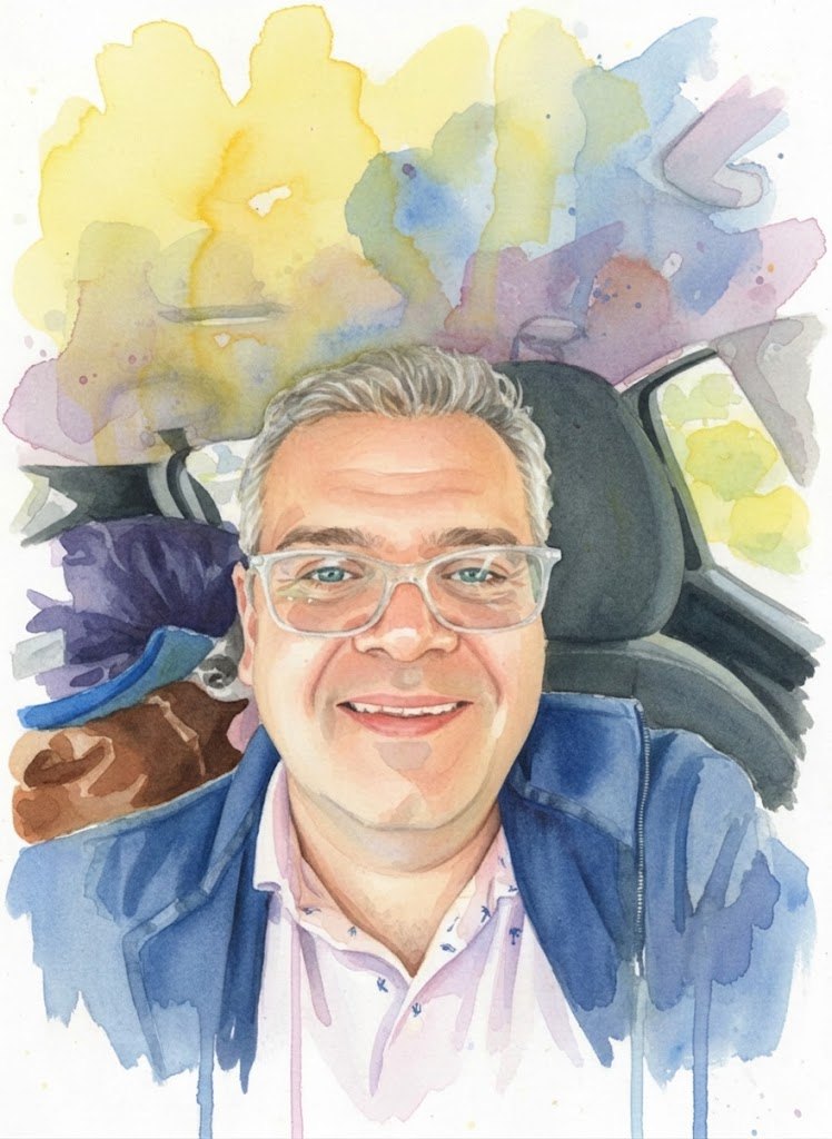 Watercolour portrait of Mark Farmer, smiling, wearing clear-framed glasses and a blue jacket, against washes of yellow, blue and purple.